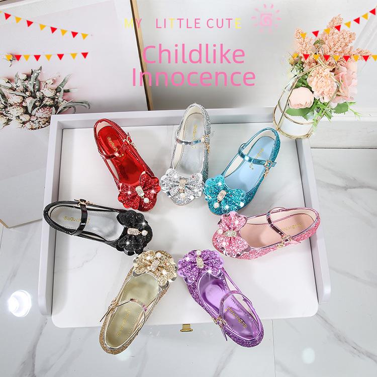 Sapatos de Salto Alto de Couro para Meninas com Laço de Strass - Modelo Princesa de Cristal Primavera 2025