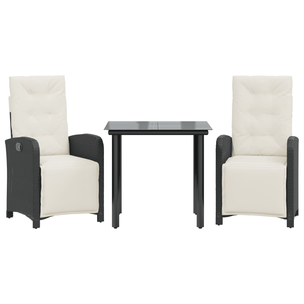 Vidaxl 3-Cz. Bistro Furniture Set with Cushions, Black, Poly Rattan