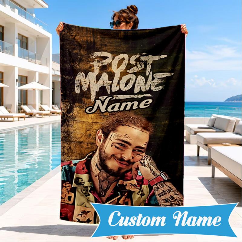 Custom Name Beach Towel Post Malone Artwork Microfiber Beach Towel, Lightweight for Summer Travel, Swimming Pool Fan Birthday Gift