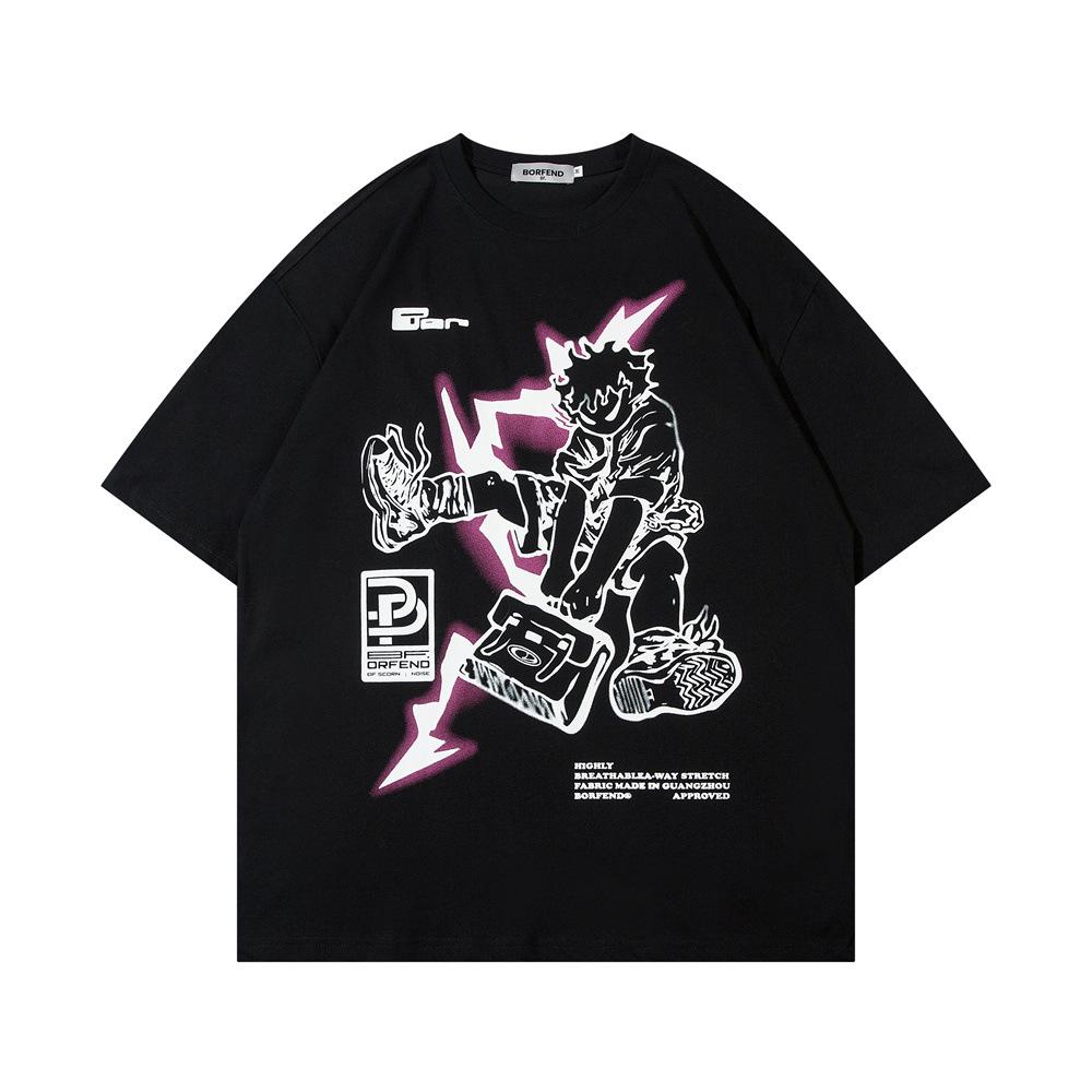 Modny T-shirt z krótkim rękawem z nadrukiem linii z kreskówki anime, męski i damski, luźny, casualowy, z czystej bawełny, z krótkim rękawem, na lato