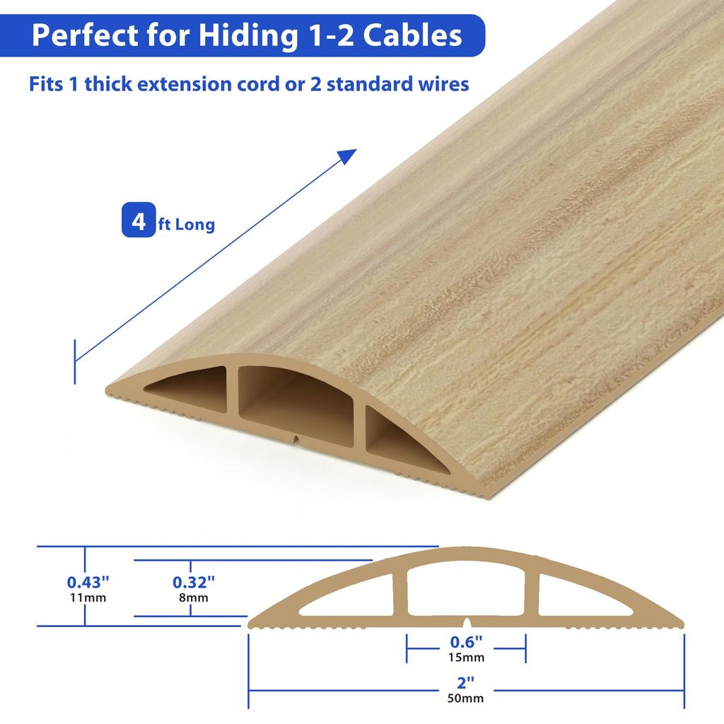ZhiYo Floor Cord Cover White Maple Wood Grain Length Width 5CM Floor Cable Storage Sleeve Hiding Wires Cable Cover with Tape Wiring Cover Prevents
