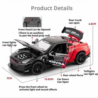 Scale 1:32 GTR Racing Car Model Toy Alloy Diecast Miniature Vehicle Toys Doors Opened Sound Light Cars Home Decor Decoration