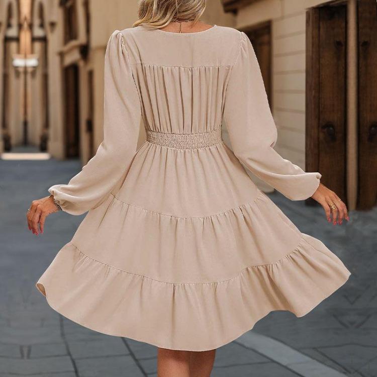 Summer Women Long Sleeve V Neck High Waist A Line Pleated Solid Long Dress