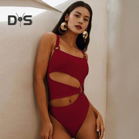 Women Monokini Padded Underwire Solid Color Square Neck One-Piece Bikini with Hollow Design Beach Vacation Swimwear