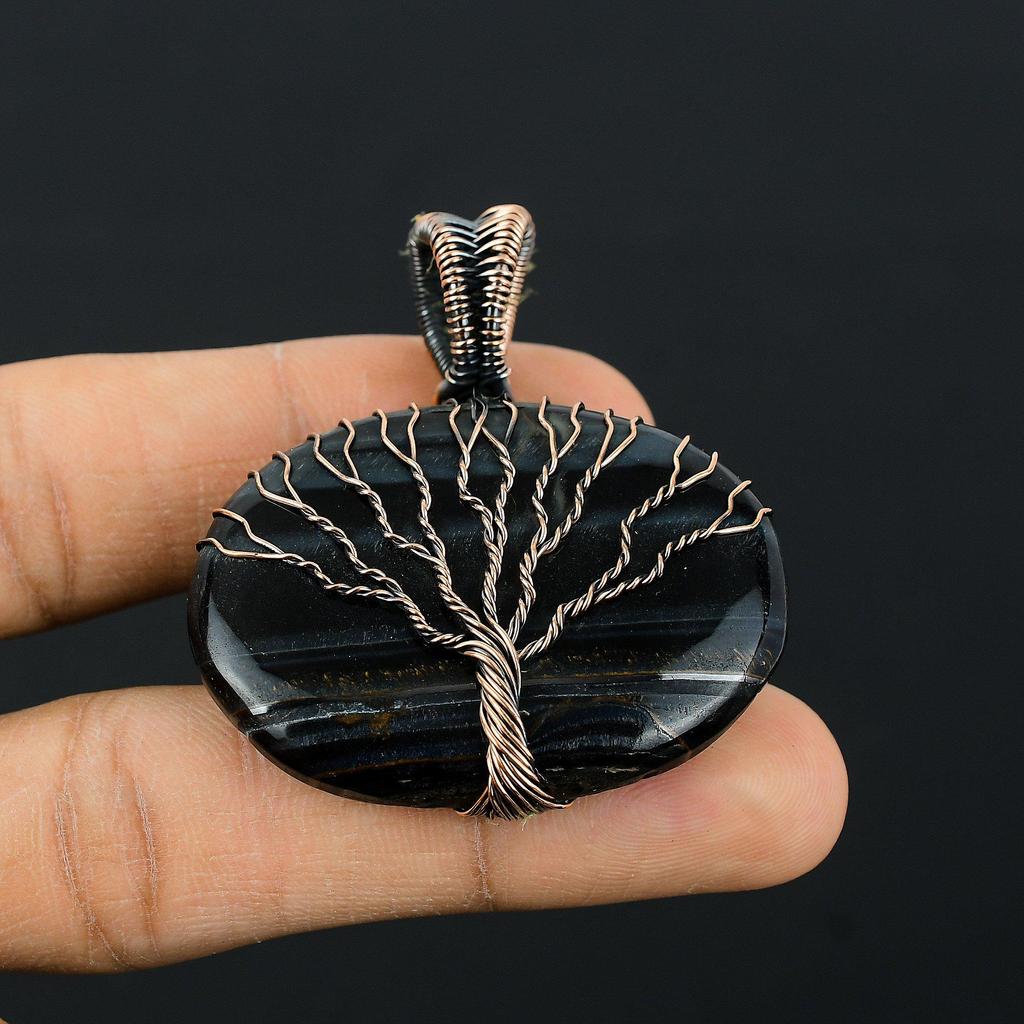 Tree Of Life Blue Tiger Eye Gemstone Copper Wire Wrap Handmade Pendant Jewelry Gift For Her