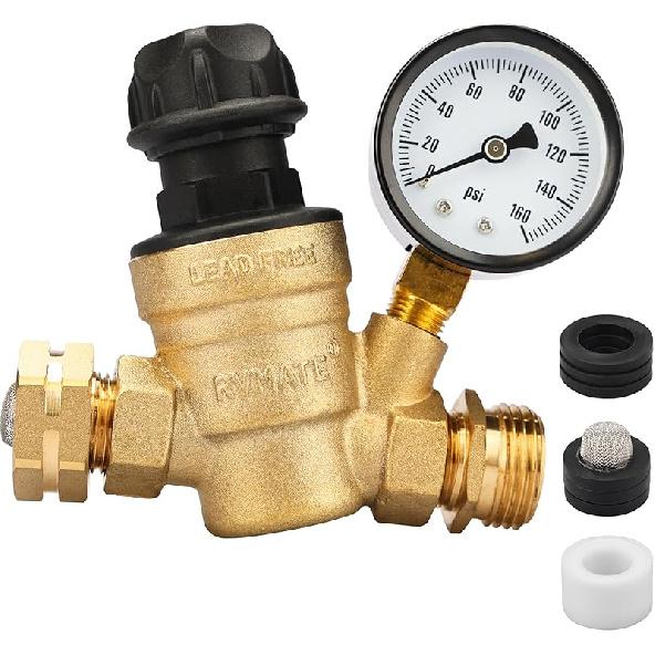 RVMATE RV Water Pressure Regulator With Adjustable Knob, Brass Lead-Free Water Pressure Reducer Kit, Adjustable Valve With Inlet Screen Filter, For