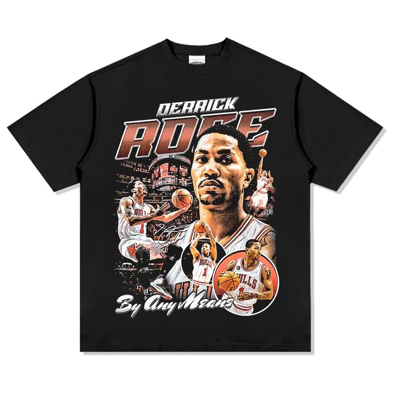 Nyinkommen Street Chic Vintage Derrick Rose Bomullstryckt Kortärmad T-shirt Basketstjärna Sommarsport Rundhalsad T-shirt