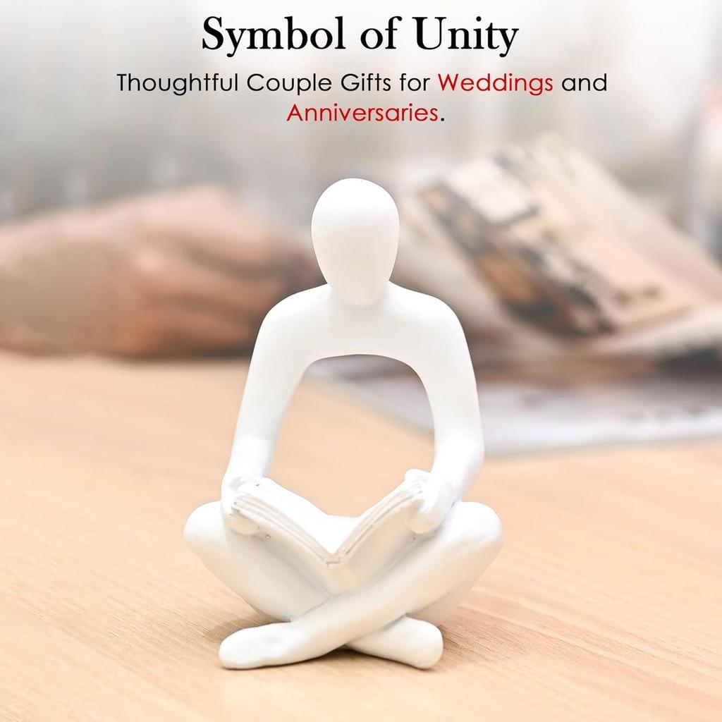 White Abstract Thinker Statue with Book – Modern Resin Figurine for Home & Office Décor | Small Intellectual Accent Piece Holding Book