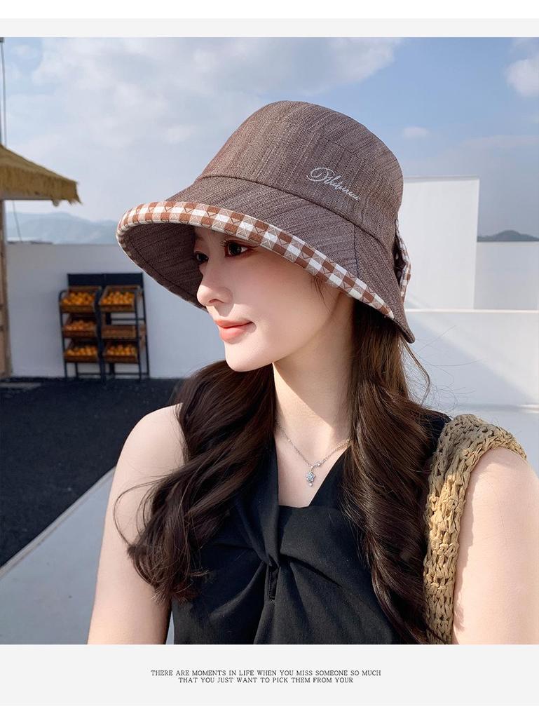 Women's Summer Plaid Bucket Hat: Breathable, UV Protection, Face-Slimming, with Bowknot