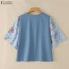 ZANZEA Damen Lässige V-Ausschnitt Print Patchwork 3/4 Ärmel Lockere Bluse