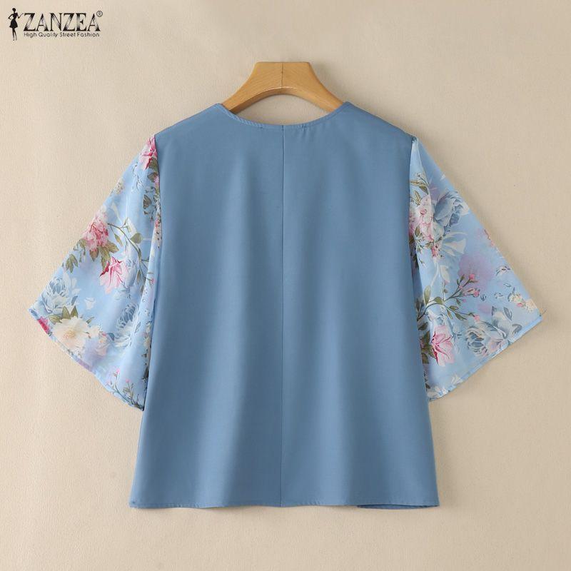 ZANZEA Damen Lässige V-Ausschnitt Print Patchwork 3/4 Ärmel Lockere Bluse