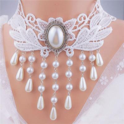 Lace Choker Necklace with Faux Pearl Pendant Vintage Victorian Style Adjustable Length Elegant Design for Women