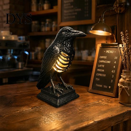 Dark Punk Room Decor Gothic Halloween Table Lamp, Spooky Raven Bat Skeleton Vintage Unique Gifts for Goth Lovers Resin LED Night Light Party, Tabletop