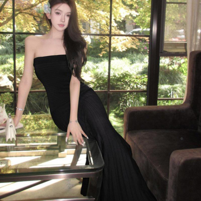 Green Slim Waist Sexy Tube Top Knitted Long Dress High-end Seaside Vacation Dress Women