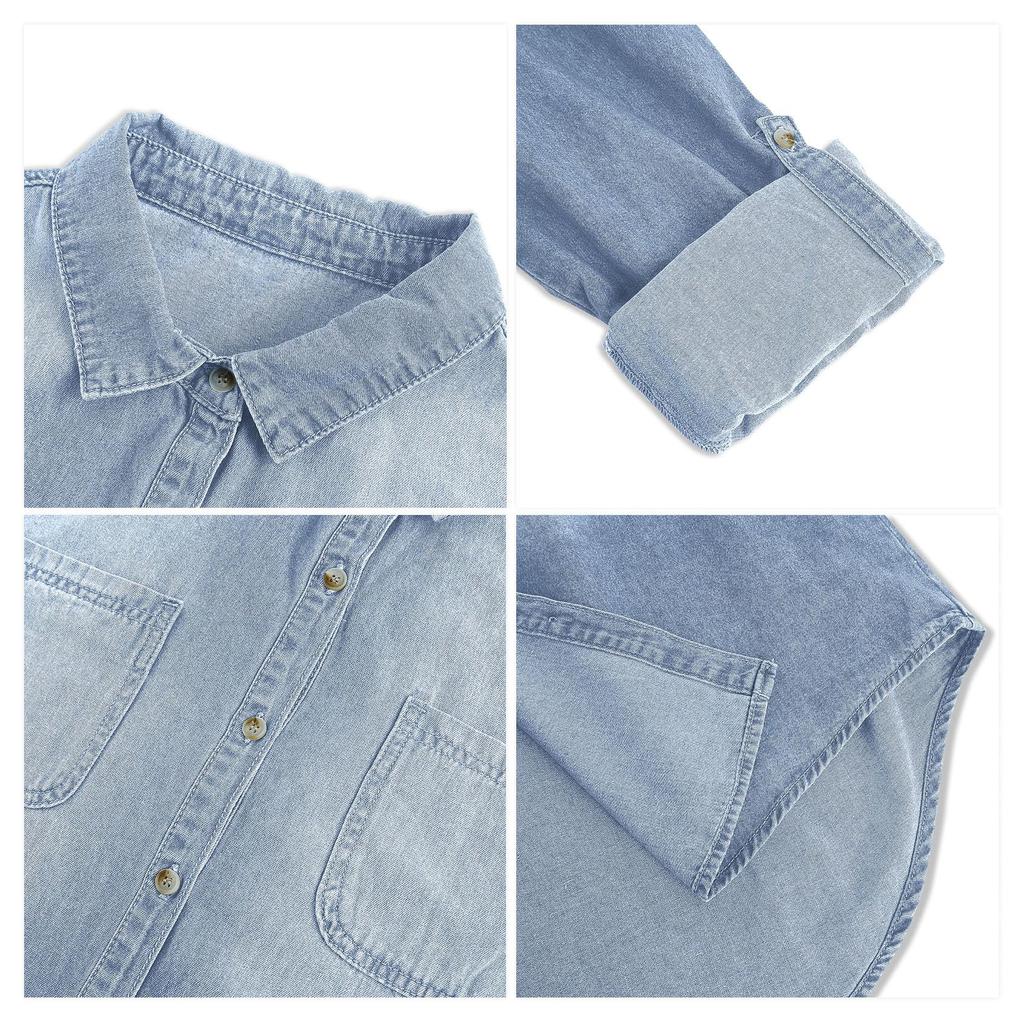 Damen Denim Button-Down Hemd Langarm Lässig Frühling Herbst Bluse Jacke mit Brusttaschen