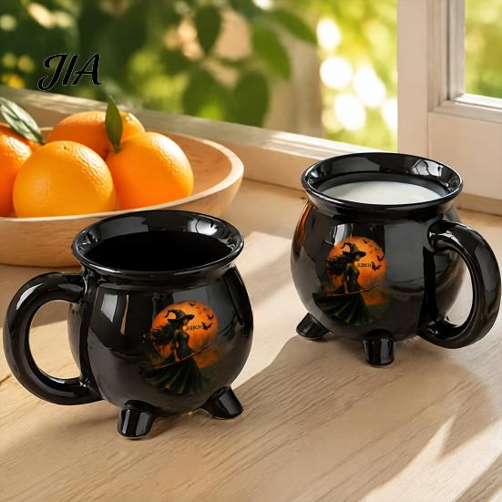 Tazza da Tè Stile Retrò Scuro, Tazza Caldaia Strega di Halloween, 350ml Pentola Magica Vintage Gotica a 3 Gambe, Idee Regalo Anniversario Compleanno Gatto Nero Ceramica