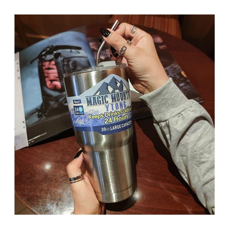 Stainless Steel Freeze Thermos Cup with Straw Ice Coffee Drink Vacuum Insulated Bottle Car Travel Outdoor Mountain Cup