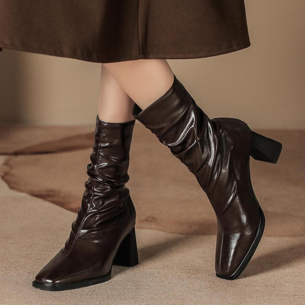 Pleated Retro French Ankle Boots with Velvet Lining, Mid-Calf Height, Back Zipper, and Slim Square Toe for Women.