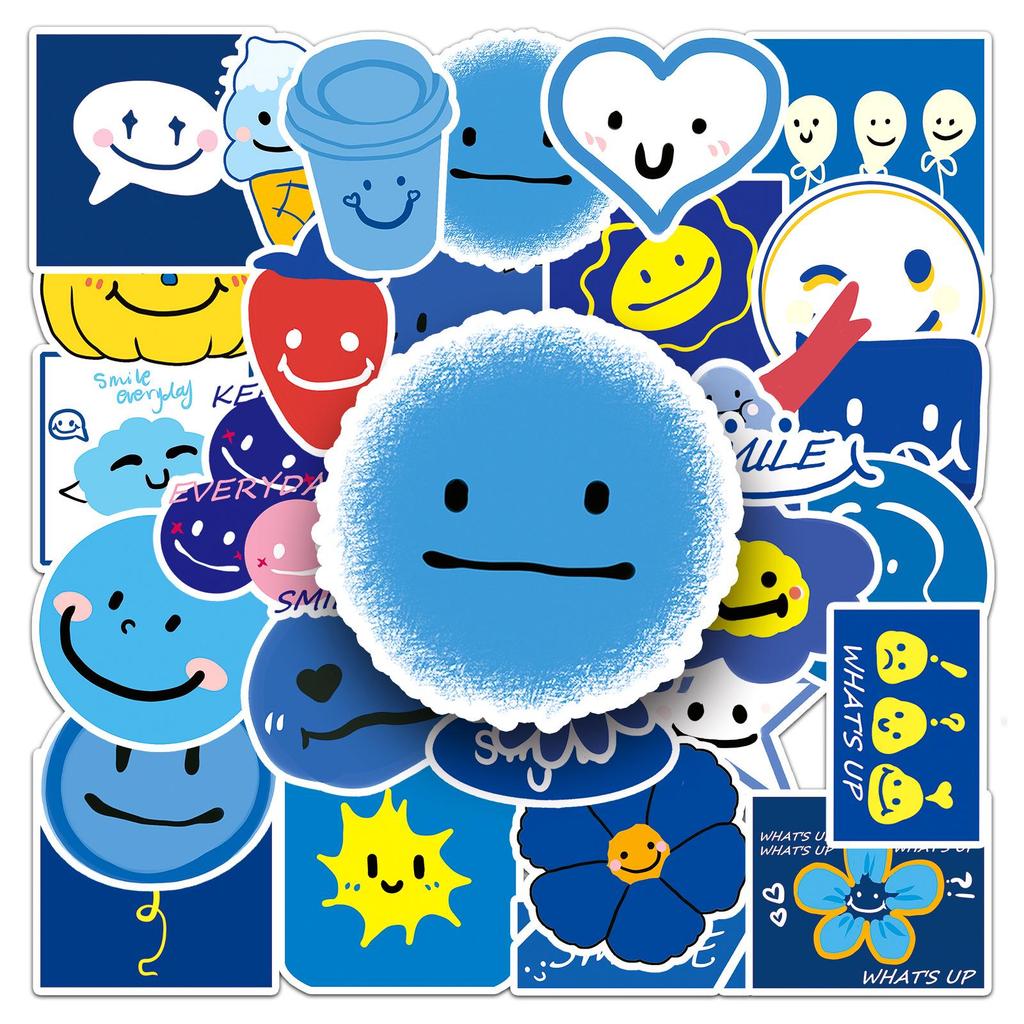 50 Blue Smiley Face Cartoon Stickers for Water Cups and Luggage