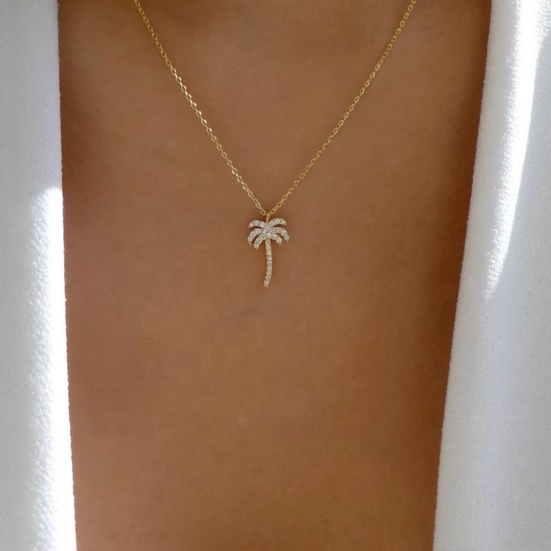 

New Coconut Palm Tree Necklace For Women Exquisite Crystal Zircon Metal Clavicle Chain Choker Summer Beach Ocean Sandy Jewelry