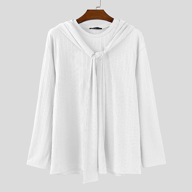 INCERUN Autumn Men Long Sleeve Hooded Texture Rib Shawl Casual Tops T-shirts