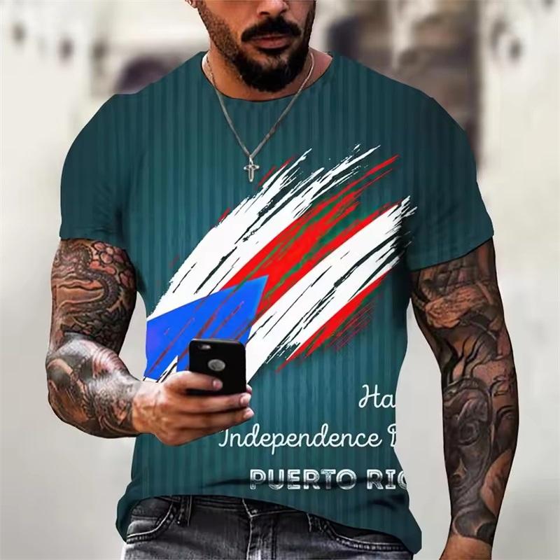 Summer Round Neck Puerto Rico Flag Pattern 3D Print Top Fashionable Casual Short Sleeved Men's T-shirts