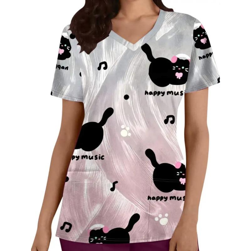

Woman Cute Cat Pattern Print V-Neck Short Sleeve Nurse Uniform Tops Comfortable with Pockets Medical Clothes 5XL