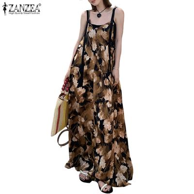 Women Casual V-Neck Sleeveless Loose Printing Wide Leg Jumpsuits