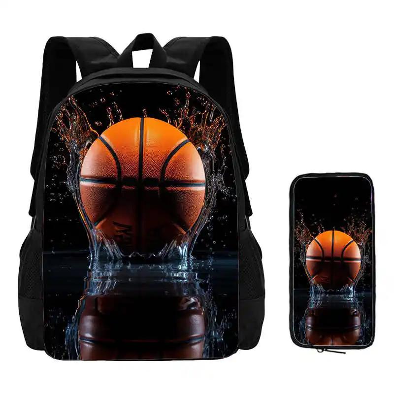 2Pcs Set Basketball Prints School Backpack with Pencil Bags for Kindergarten Cartoon Sports School Bags for BoysKids Backpack