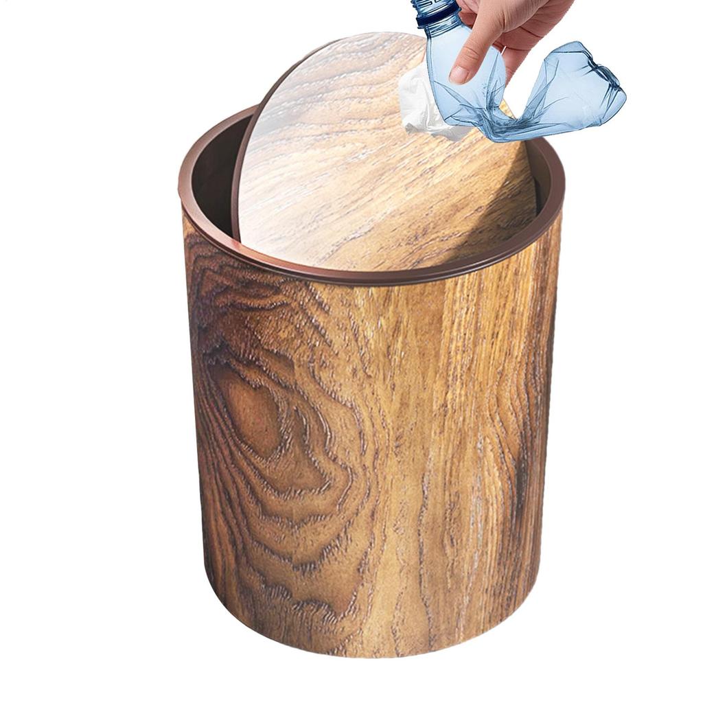 Wood Grain Garbage Can with Swing Lid Wood Grain Kitchen Trash Can Wastebasket Retro Waste Paper Rubbish Trashcan for Bedroom
