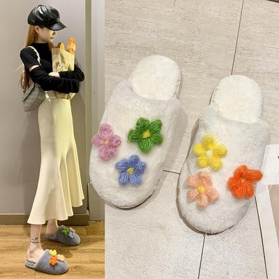 Fashion Winter New Women's Home Solid Color Flower Decorated Fluffy Furry Cotton Slippers