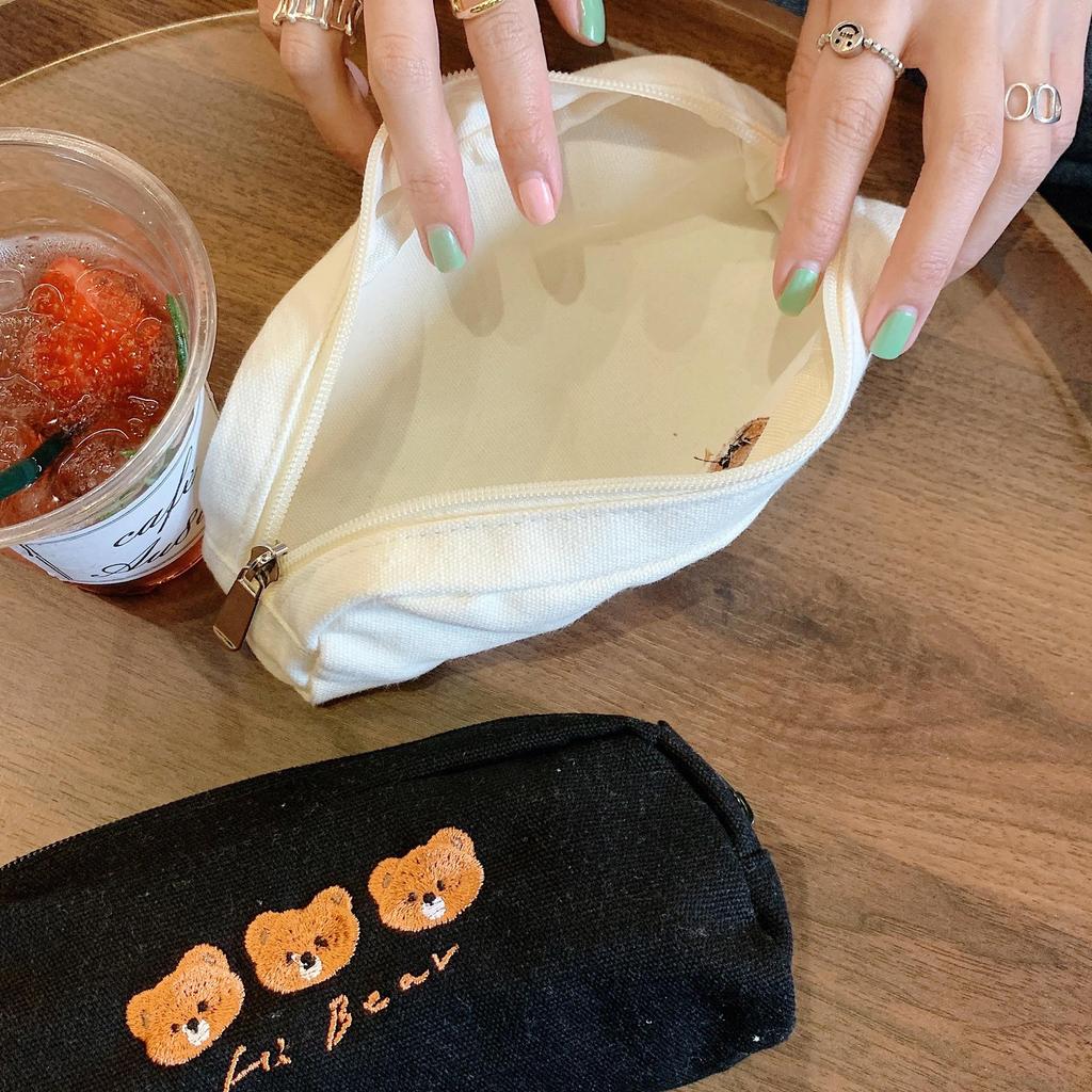 Women Cute Bear Embroidery High Beauty Student Stationery Box Large Capacity Cosmetic Bag