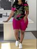 1116 new casual sports style digital printing shoulder sleeve T-shirt high waist tight shorts fashion suit women