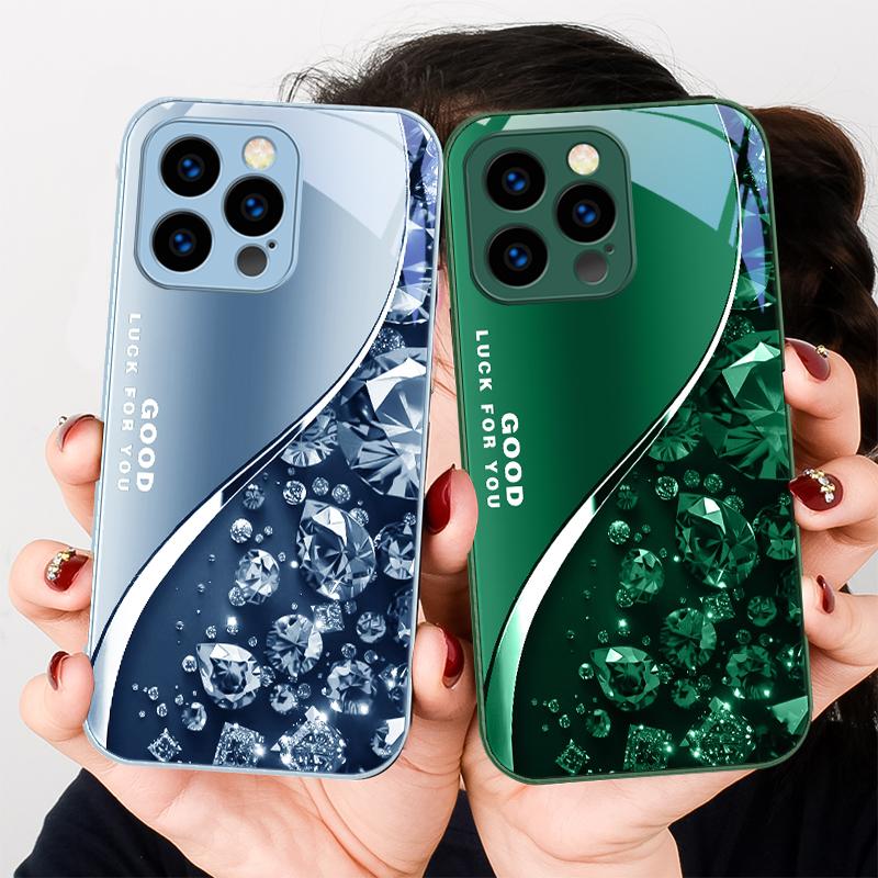 Color Diamond Gradient For IPhone 16 Pro Max 15 P Lus 14 Pro 13 12 Mini 11 P Ro Max X XS 7 8 Plus 2022 Tempered Glass Phone Case