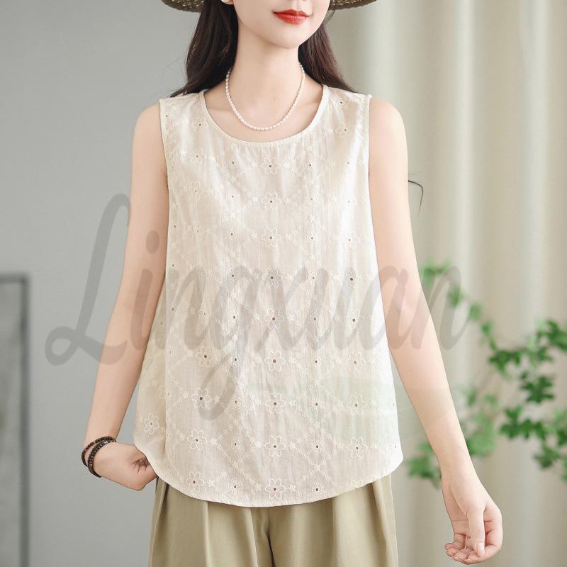 Summer Pure Cotton Embroidered Sleeveless Vest for Women Large