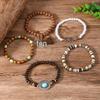 Bohemian Retro Flower Tassel Beaded Bracelet Set - 5-Piece Elastic Cord with Wood Beads