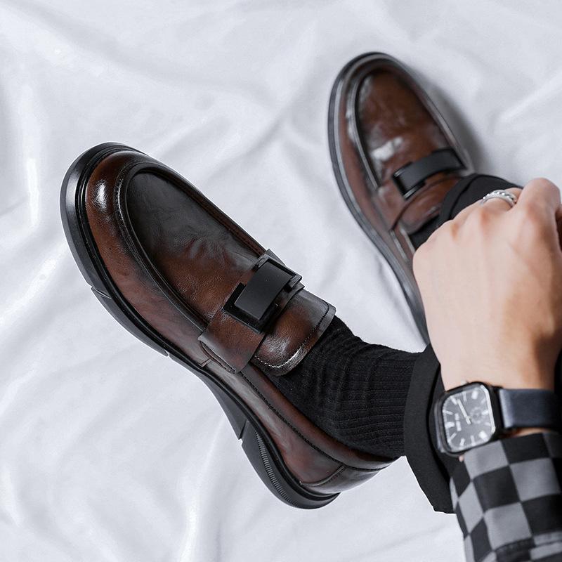 Leren Schoenen Heren Leren Platformzool Business Casual Zacht Leer Ademend Eén Pedaal Doudou Schoenen Handgreep Bruin 4733-R