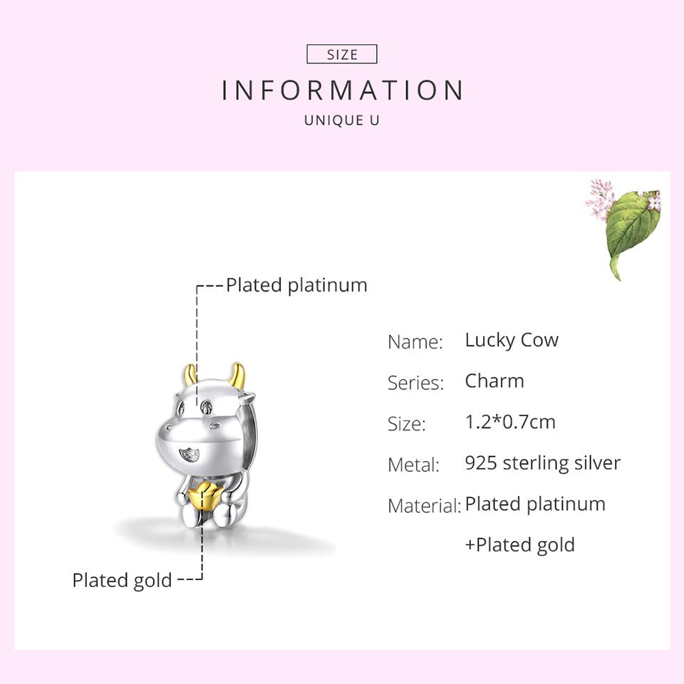 BAMOER 925 Sterling Silver Plated Platinum Playful Cute Lucky Cow Charm Beads Fit Original 3mm Bracelet