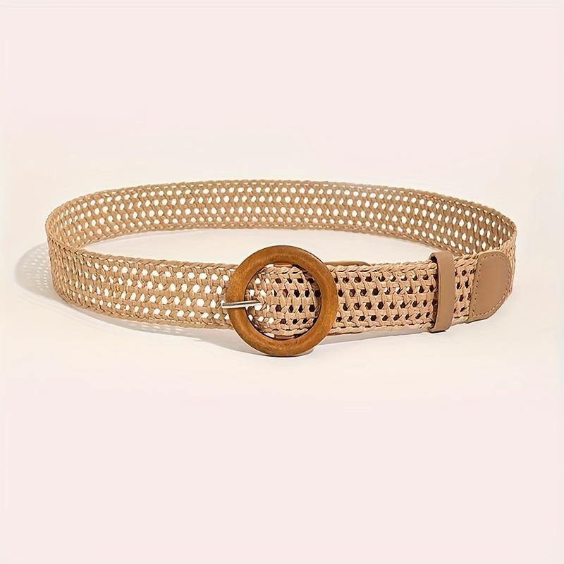 PP Casual Beach Fashion Grass Belt with Round Wooden Buckle for Women's Dress