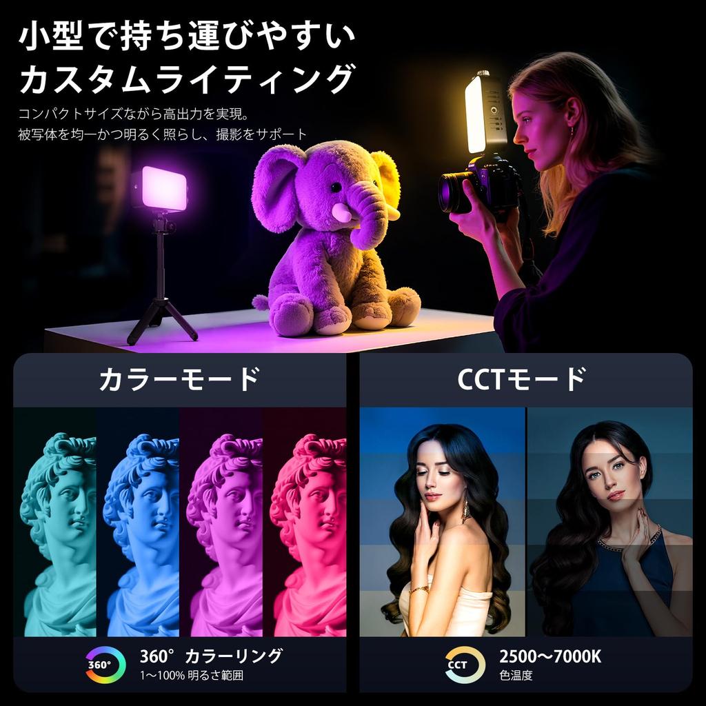 Niceveedi RGB Photography Light, 10W High Output LED Video Light, 1600 Lux, 2500K-7000K Color Temperature Adjustable, 360° Full Color, 13 FX Modes, Me
