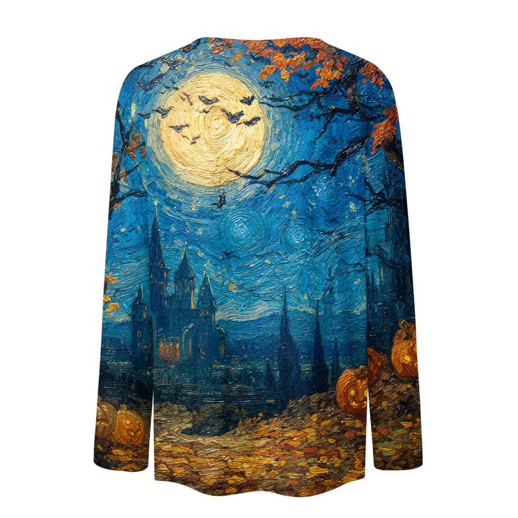 Women's Long-sleeved Loose-necked Halloween Print Casual Top, Suitable for Holiday Parties
