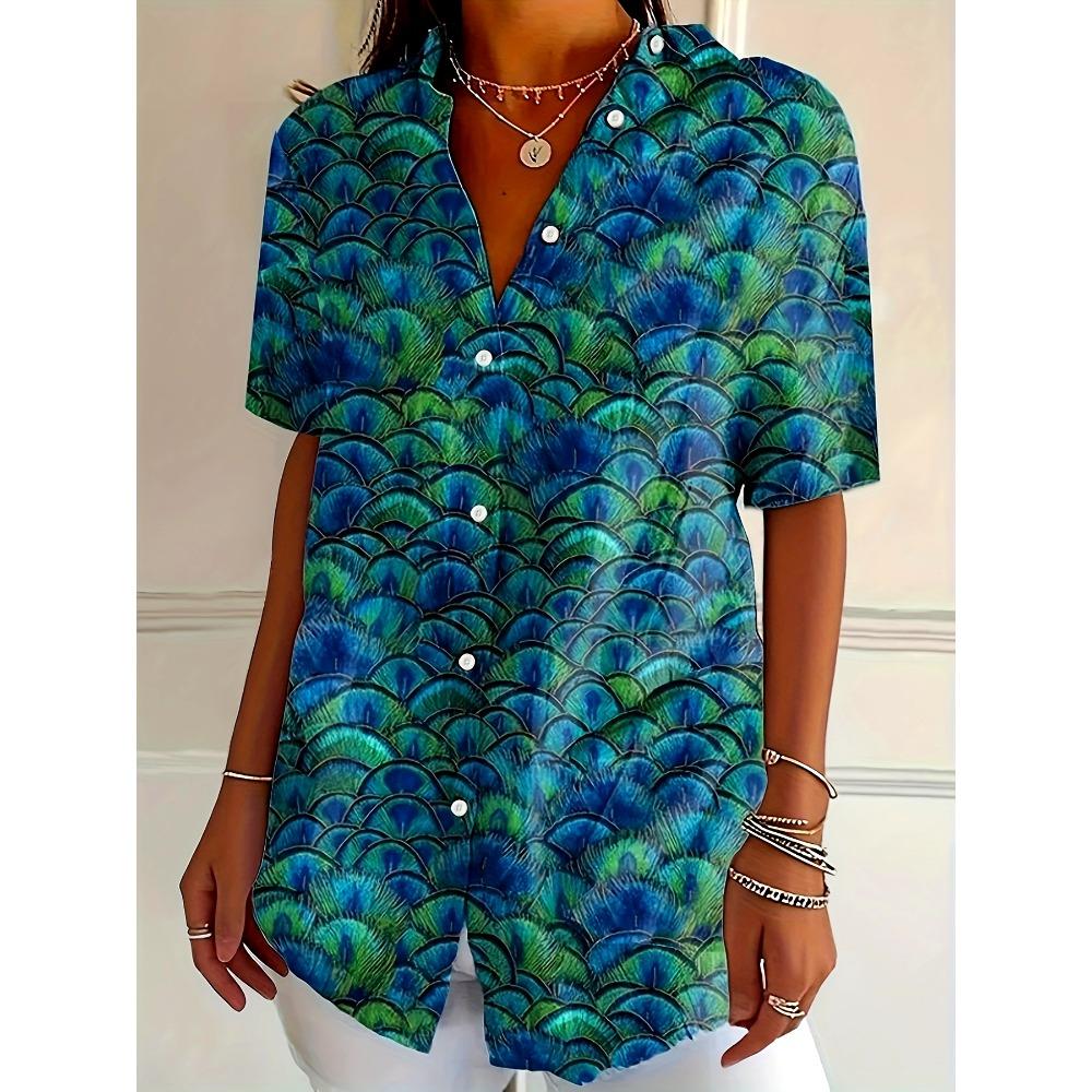 Plus Size - Plus Size - Vintage Abstract Peacock Art Print Women S Plus Size Button-Up Short Sleeve Shirt S