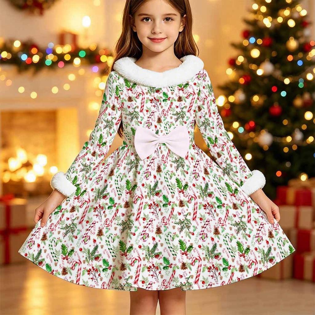 Kids Long Sleeve Christmas Dress, Snowman Print Faux Fur Collar Bow Decor Princess Dresses for Girl Holiday Party Wear