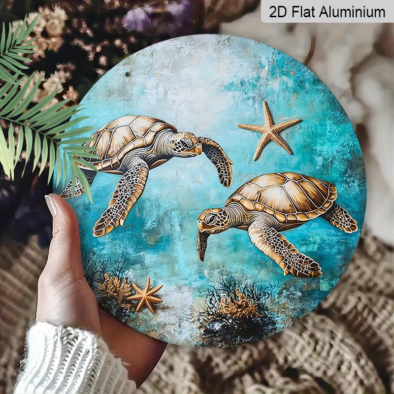 Vintage Sea Turtles & Starfish Metal Wall Art – 2D Flat Round Aluminum Sign with Oceanic Blue Background, Coral Reef Design, Indoor Decor for Living