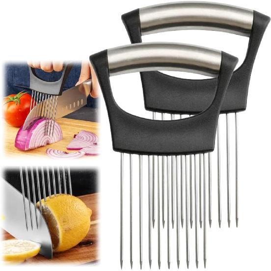Onion Slicer, Stainless Steel Onion Holder for Slicing with Protective Case, Onion Cutter Tool for Meat Lemon Potato