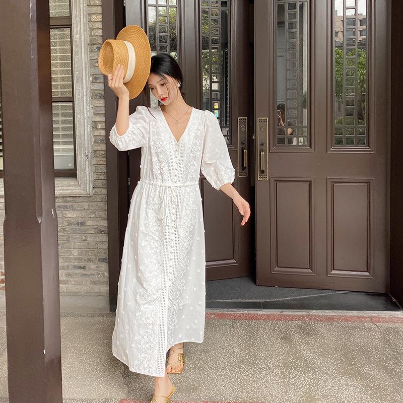 

2025 New Summer Mid-Length White Fairy Dress with 3D Jacquard Embroidery F690 Large