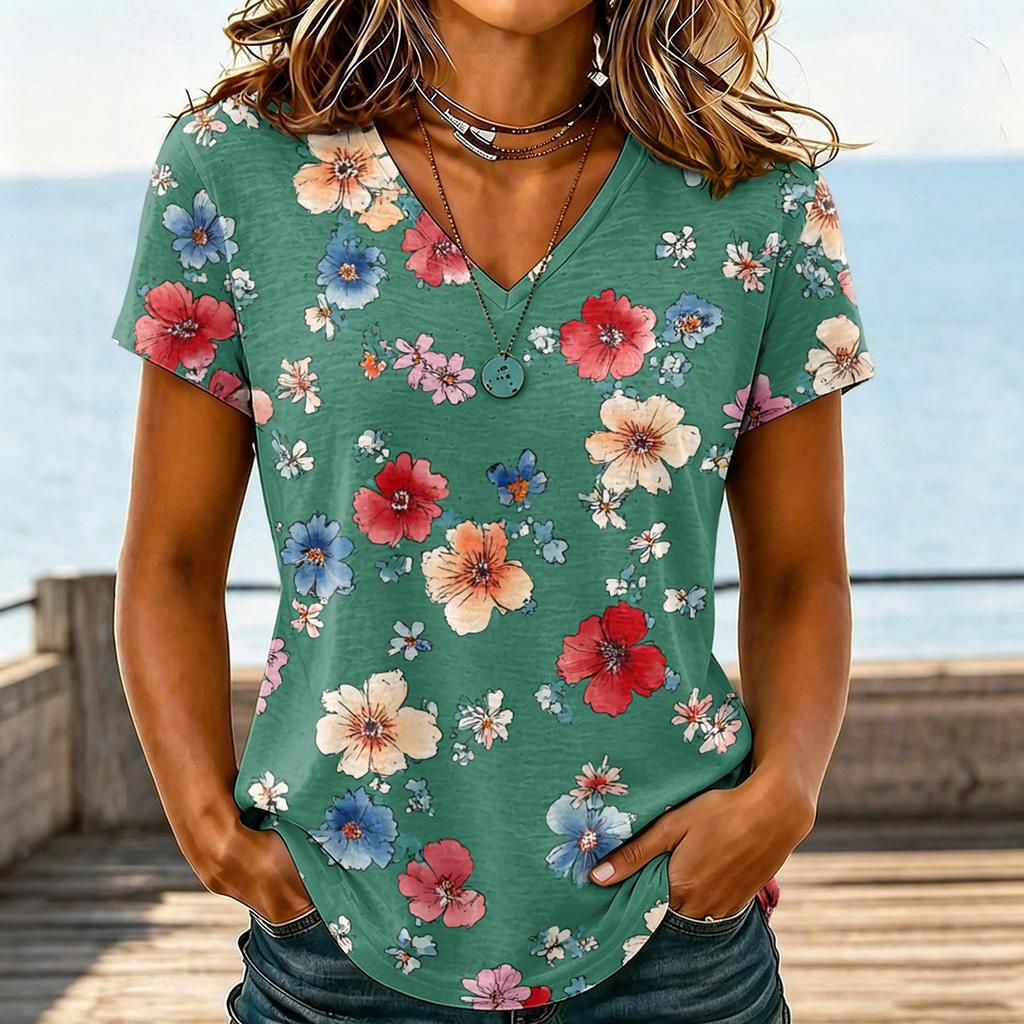 Womens Casual V Neck T Shirt Short Sleeve Floral Print Top Lightweight Comfortable Soft Fabric Blouse for Everyday Wear