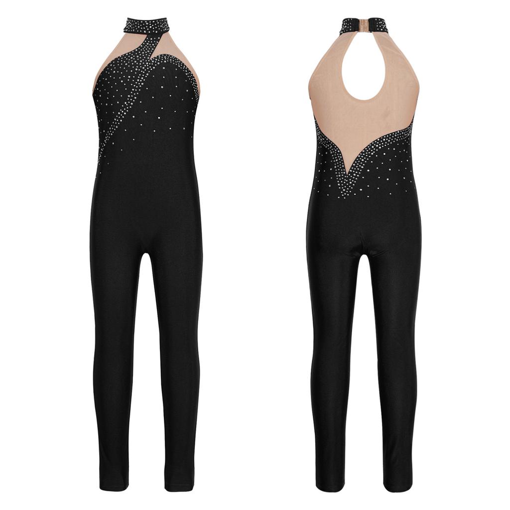 Barn Jenter Gymnastikk Trikot Trening Danse Jumpsuit Ermeløs Sheer Mesh Patchwork Skating Bodysuit