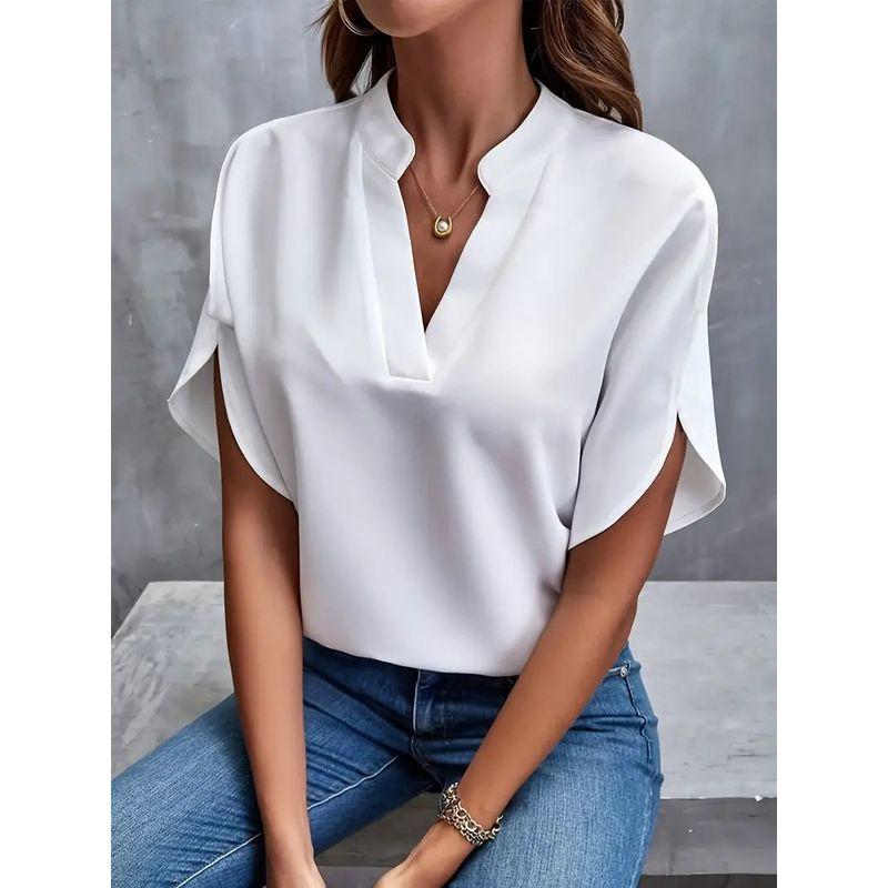 

2024 Summer Casual Solid Color V-neck Loose Shirt Top White XL