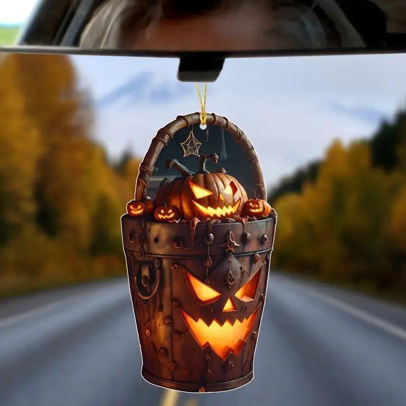 Acrylic Halloween Car Pendant With Cartoon Pumpkin Head Bucket For Decoration
